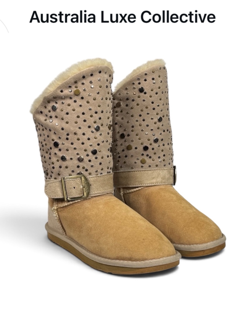 AUSTRALIA LUXE COLLECTIVE TREASURE SAND SUEDE METAL STUDDED SHEARLING BOOTS